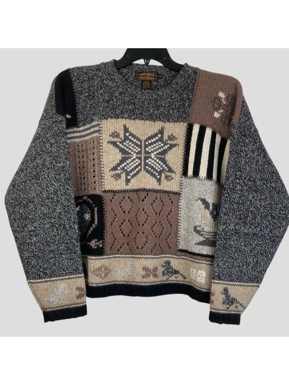 Vintage Eddie Bauer Patchwork Cable Crochet Knit Sweater Cozy Nordic Design Sz.L - Picture 12 of 12